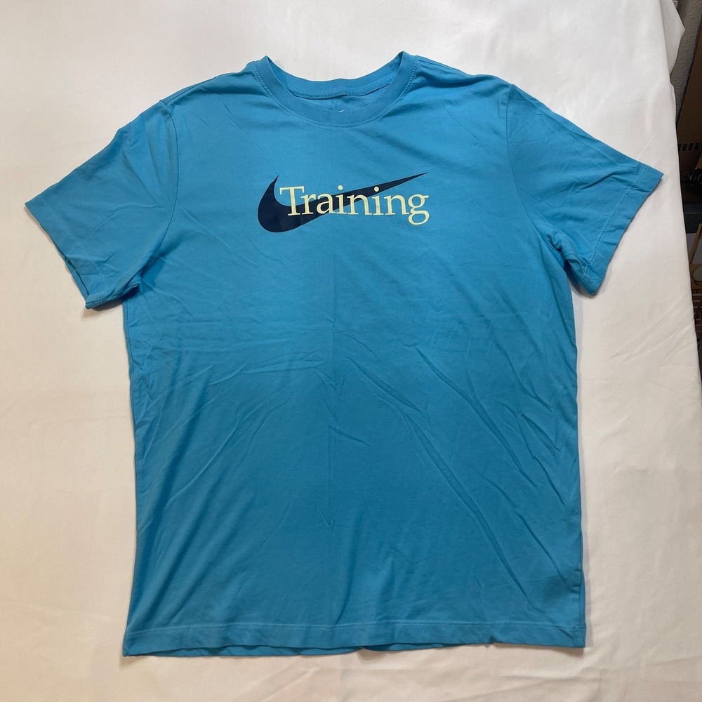 Nike Mens L Blue Training Swoosh Graphic Dri-FIT Cotton T Shirt Gym Athletic